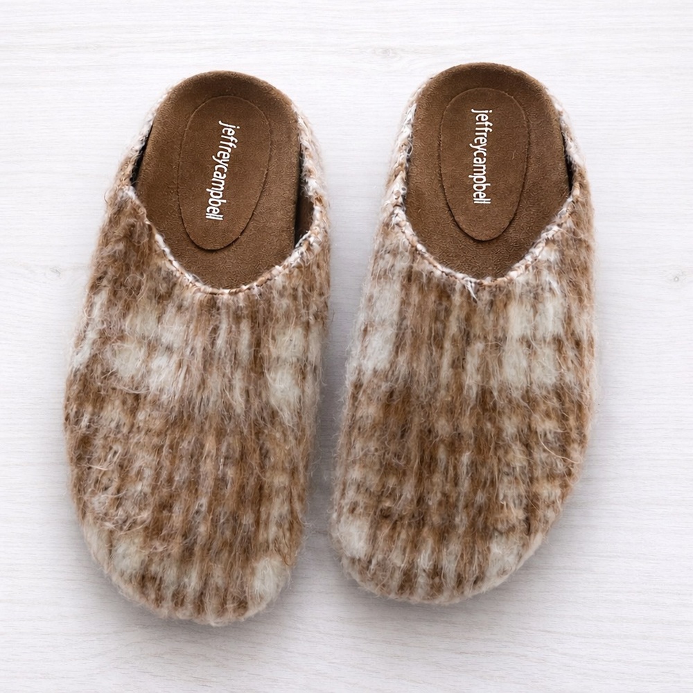 Jeffrey Campbell Pony Hair Tartan Slip-On Mules Beige Size 8